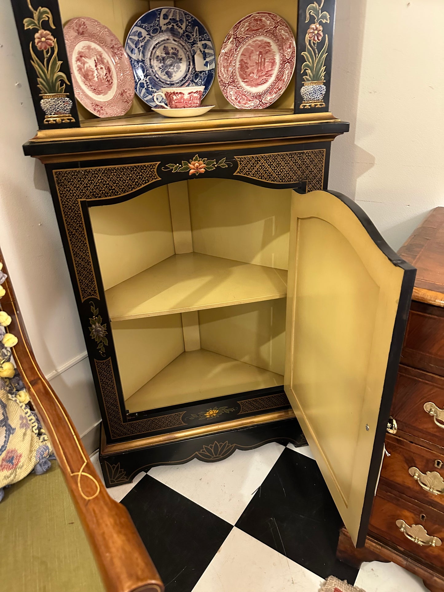 Custom Made Hand Jeweled/Painted Chinoiserie Corner Cabinet