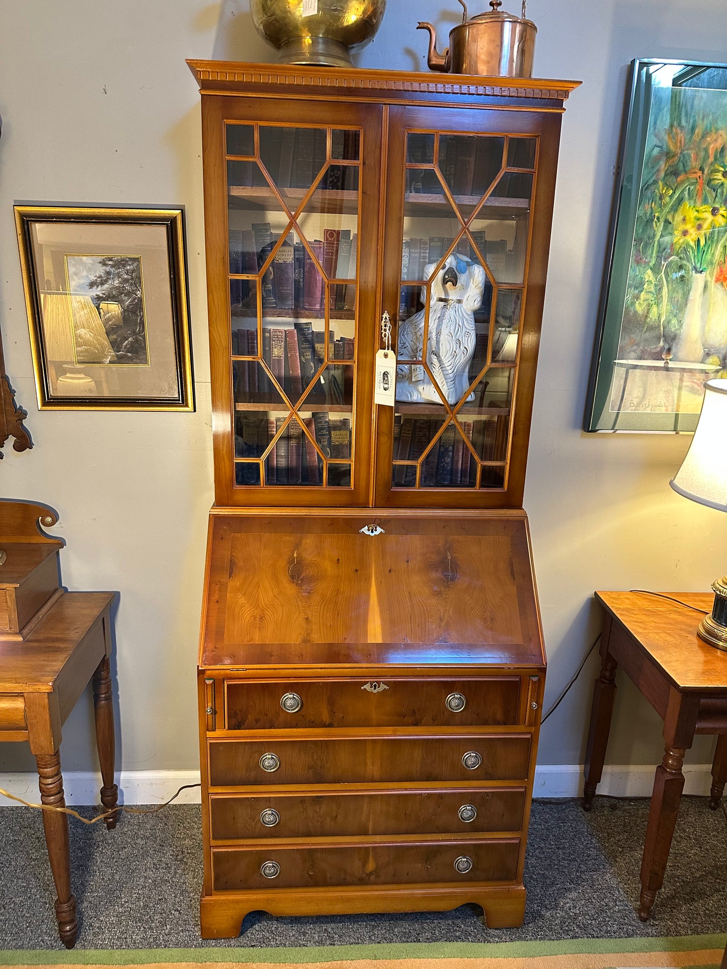 English Yew Wood Two Part Secretary Desk with Hand Tooled And Stenciled Green Leather Writing Surface