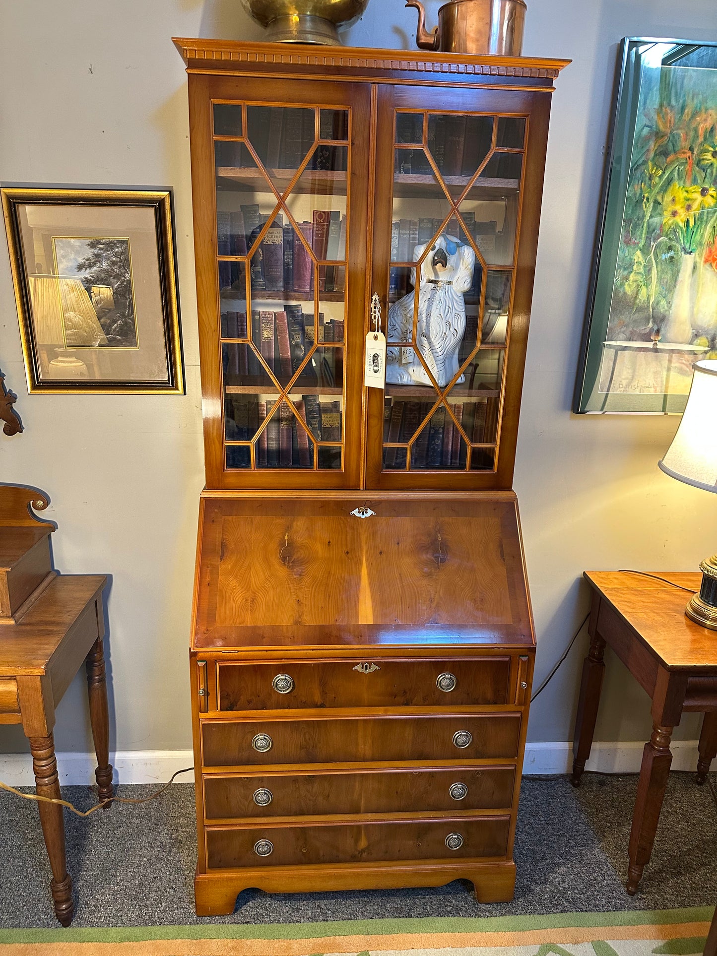 English Yew Wood Two Part Secretary Desk with Hand Tooled And Stenciled Green Leather Writing Surface