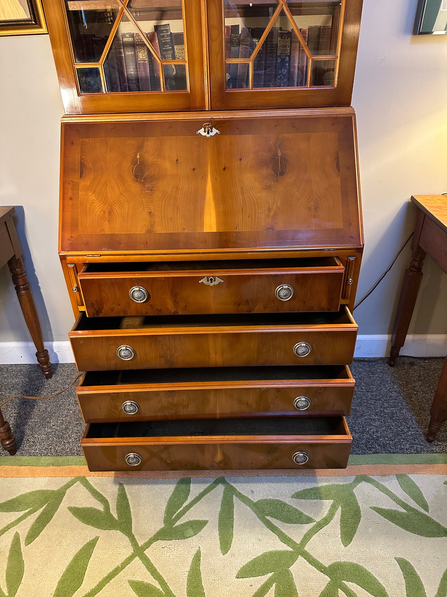 English Yew Wood Two Part Secretary Desk with Hand Tooled And Stenciled Green Leather Writing Surface