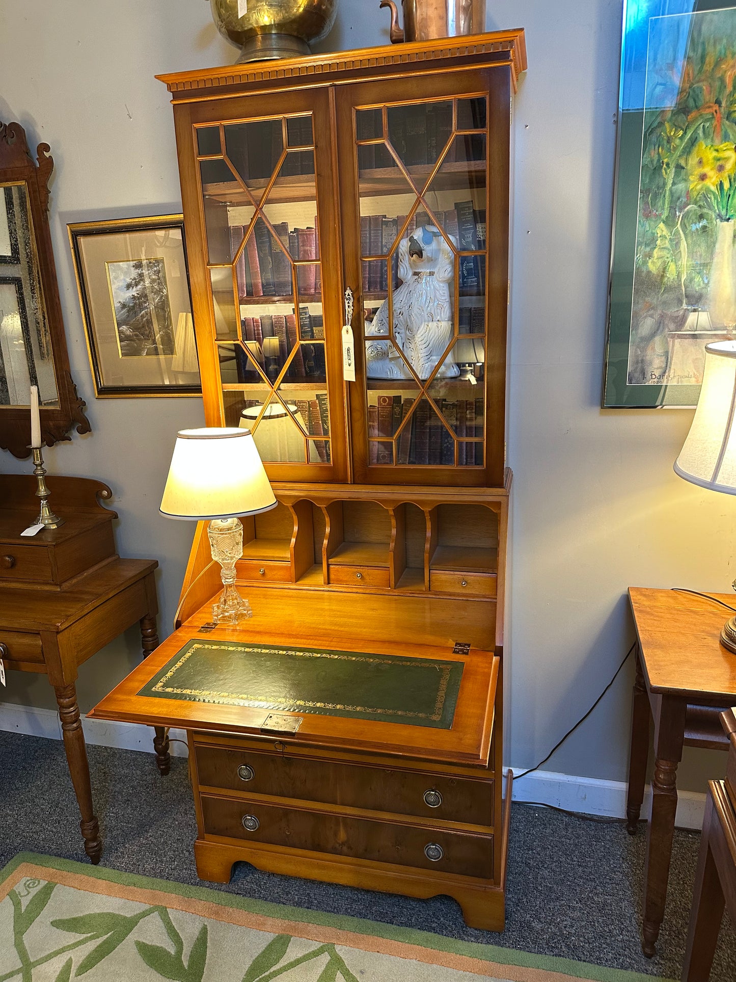 English Yew Wood Two Part Secretary Desk with Hand Tooled And Stenciled Green Leather Writing Surface