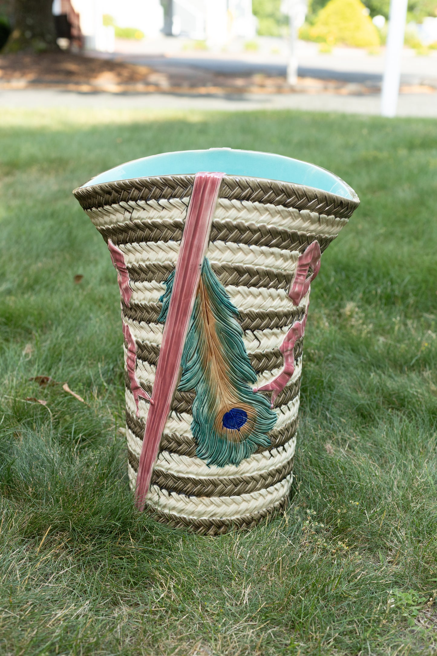 19th Century English Majolica Umbrella Stand with Peacock Feathers and Ribbons (Local Pickup Only)