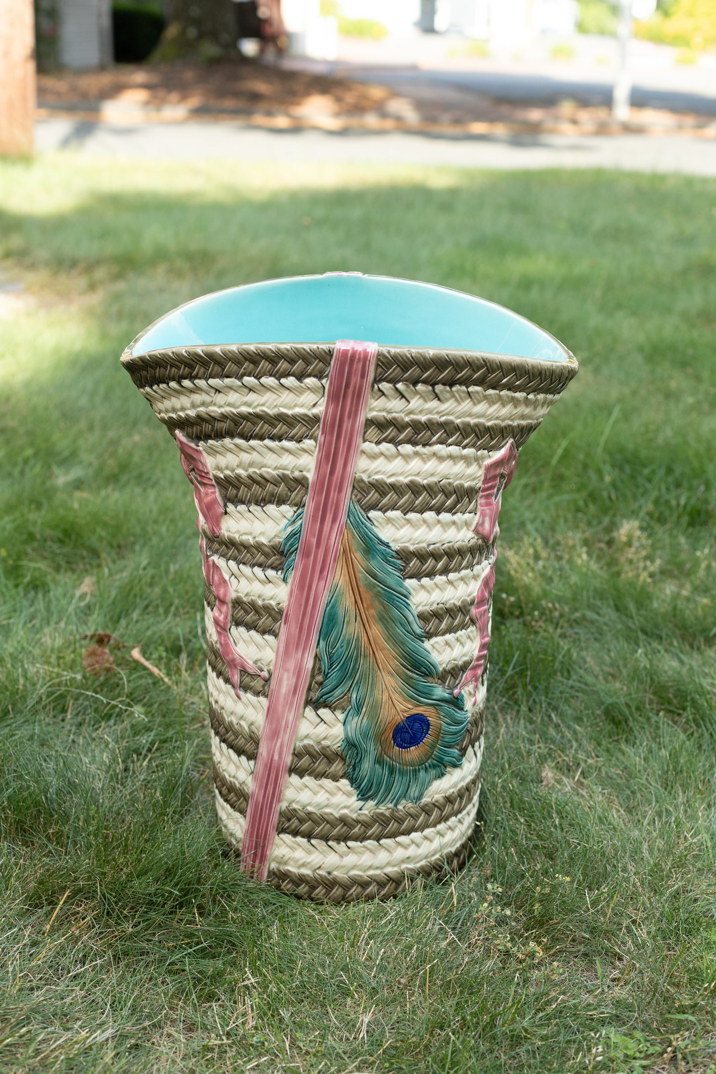 19th Century English Majolica Umbrella Stand with Peacock Feathers and Ribbons (Local Pickup Only)