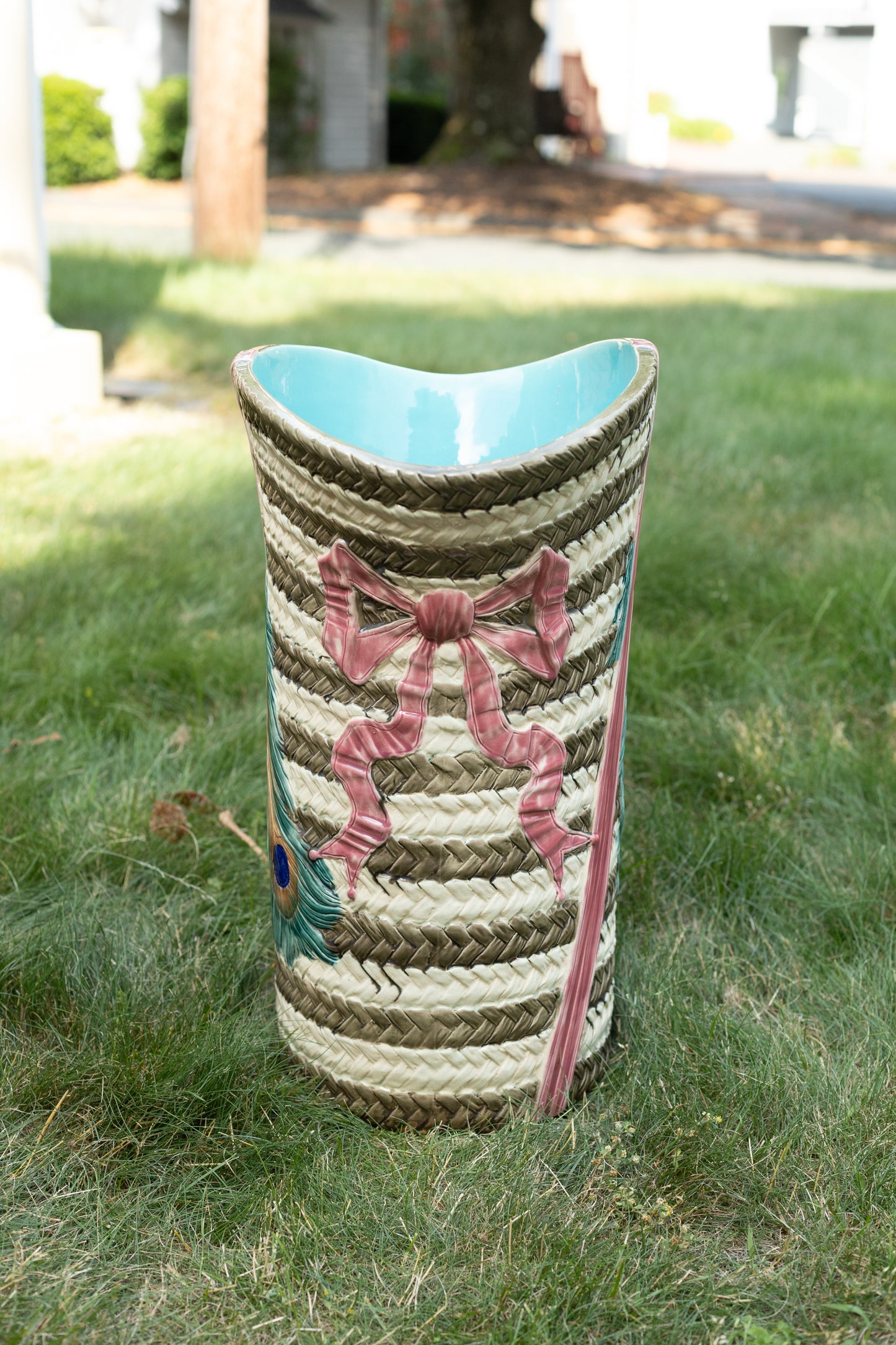 19th Century English Majolica Umbrella Stand with Peacock Feathers and Ribbons (Local Pickup Only)