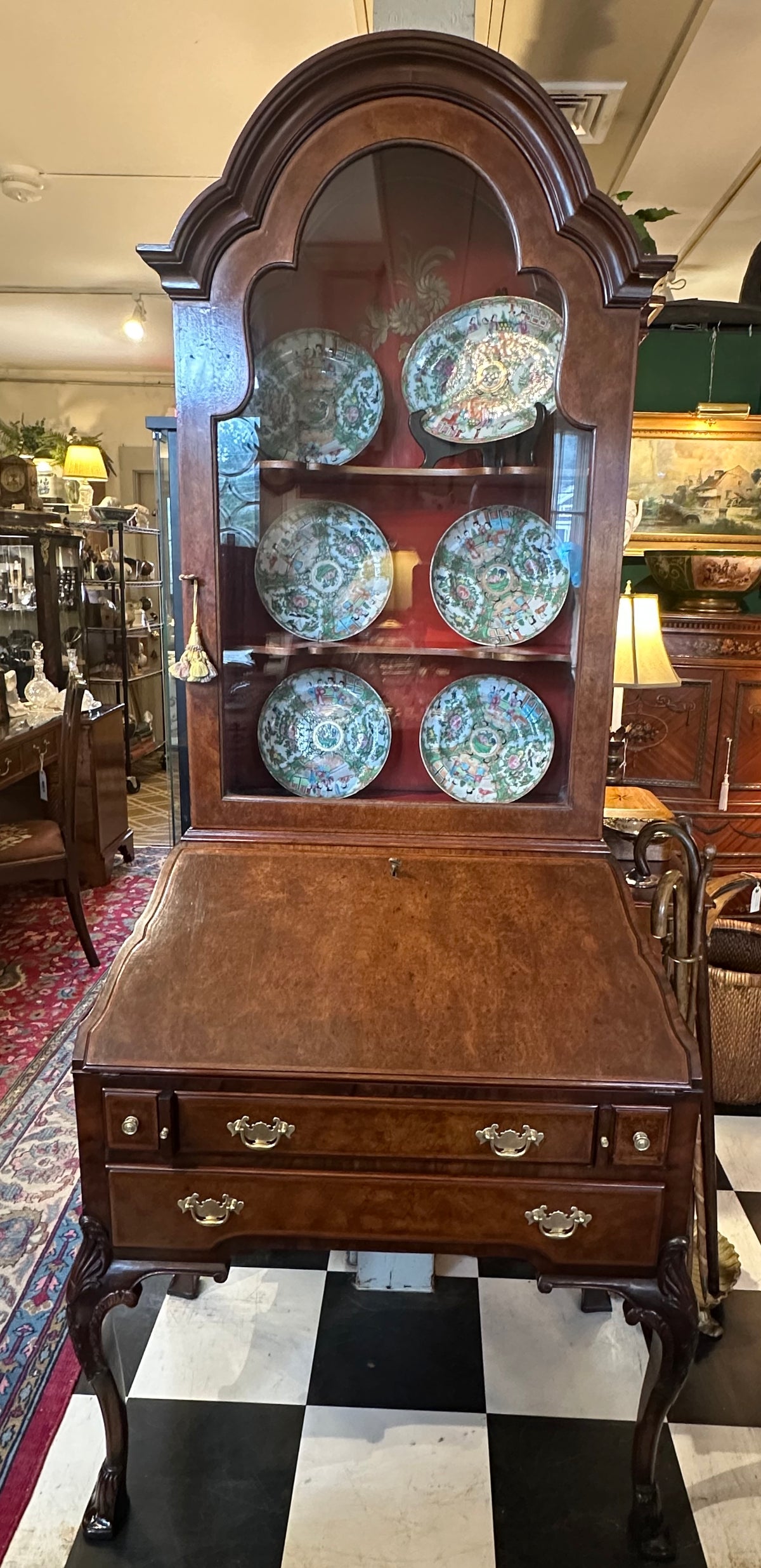 Walnut Burl Wood Secretary Desk with Red Painted Interior