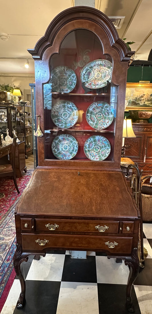 Walnut Burl Wood Secretary Desk with Red Painted Interior